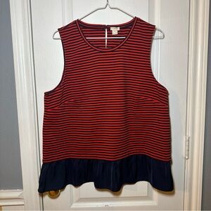 J Crew Sleeveless Peplum Top‎ Navy Red Stripe Keyhole Stretch Womens XL